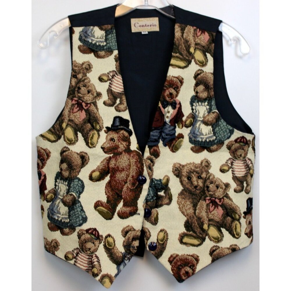 VTG 90s Conterio Teddy Bear Tapestry Vest sz M Lined Cute Button Holiday Dance